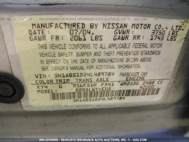 3N1AB51D24L489784 - 2004 NISSAN SENTRA SE-R SPEC V SILVER photo 9