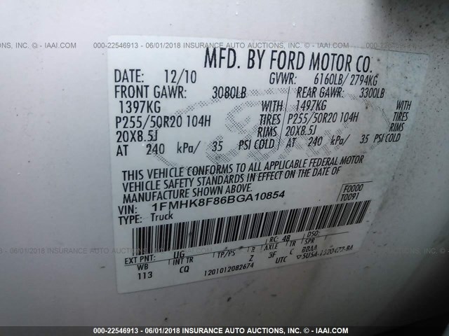 1FMHK8F86BGA10854 - 2011 FORD EXPLORER LIMITED WHITE photo 9