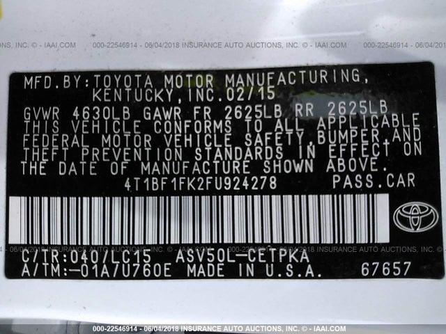 4T1BF1FK2FU924278 - 2015 TOYOTA CAMRY LE/XLE/SE/XSE WHITE photo 9
