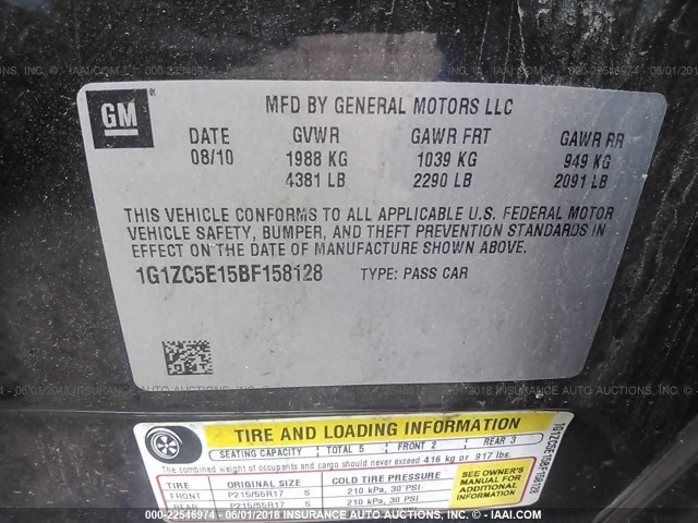 1G1ZC5E15BF158128 - 2011 CHEVROLET MALIBU 1LT 黑色 照片 9