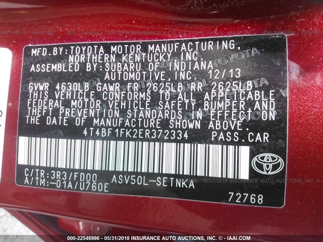 4T4BF1FK2ER372334 - 2014 TOYOTA CAMRY L/SE/LE/XLE RED photo 9