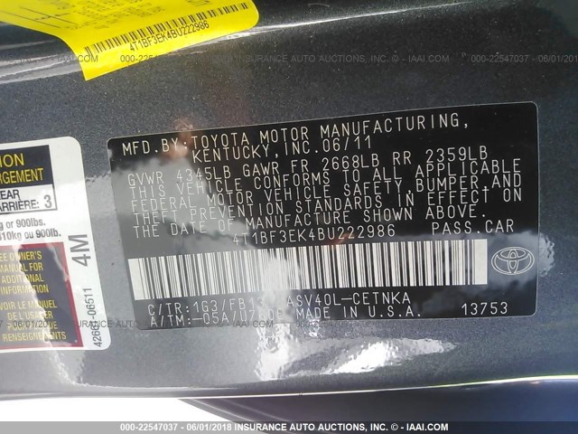 4T1BF3EK4BU222986 - 2011 TOYOTA CAMRY SE/LE/XLE 灰色 照片 9