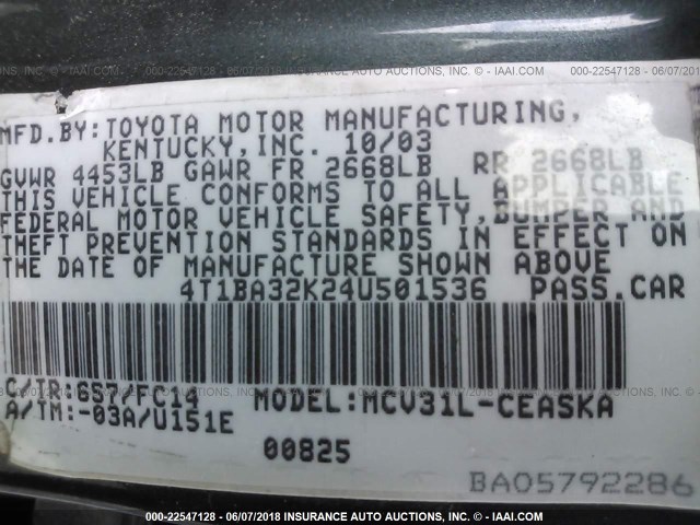 4T1BA32K24U501536 - 2004 TOYOTA CAMRY SE GRAY photo 9