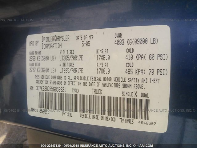 3D7KS28C05G859921 - 2005 DODGE RAM 2500 ST/SLT BLUE photo 9