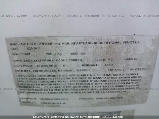 5SFNB3523BE233319 - 2011 HEARTLAND NORTHTRAIL  Blanco foto 9