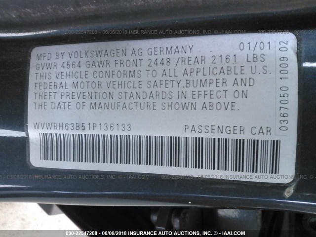 WVWRH63B51P136133 - 2001 VOLKSWAGEN PASSAT GLX GRAY photo 9