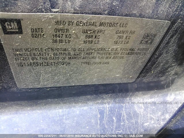 1G1JA6SH0E4169208 - 2014 CHEVROLET SONIC LS BLUE photo 9