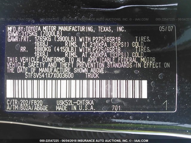 5TFSV541X7X003600 - 2007 TOYOTA TUNDRA DOUBLE CAB SR5 BLACK photo 9