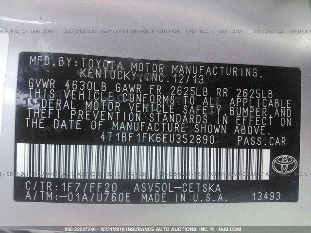 4T1BF1FK6EU352890 - 2014 TOYOTA CAMRY L/SE/LE/XLE 银色 照片 9