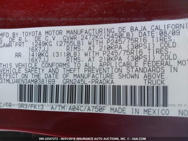 3TMLU4EN3AM038169 - 2010 TOYOTA TACOMA DOUBLE CAB წითელი ფოტო 9