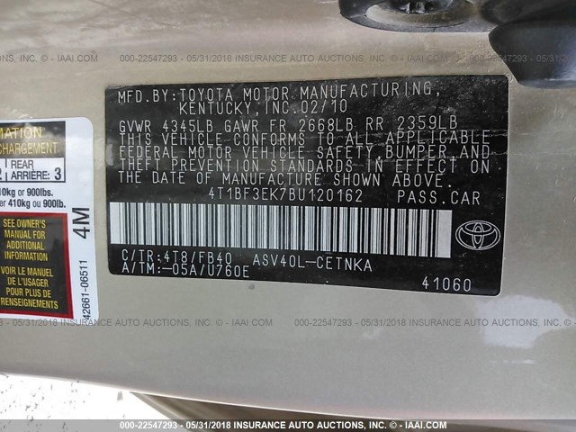 4T1BF3EK7BU120162 - 2011 TOYOTA CAMRY SE/LE/XLE 金色 照片 9