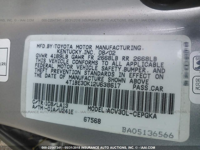 4T1BE30K12U638617 - 2002 TOYOTA CAMRY LE/XLE/SE SILVER photo 9