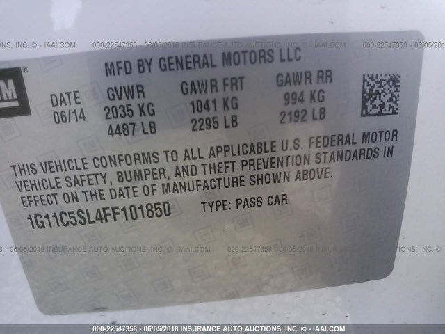 1G11C5SL4FF101850 - 2015 CHEVROLET MALIBU 1LT 白色 照片 9