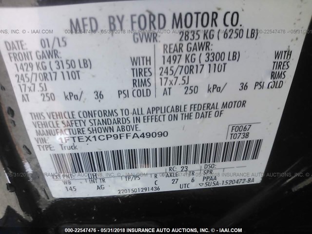 1FTEX1CP9FFA49090 - 2015 FORD F150 SUPER CAB BLACK photo 9