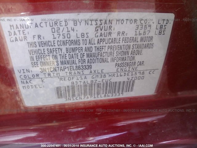 3N1CN7AP1EL863339 - 2014 NISSAN VERSA S/S PLUS/SV/SL RED photo 9