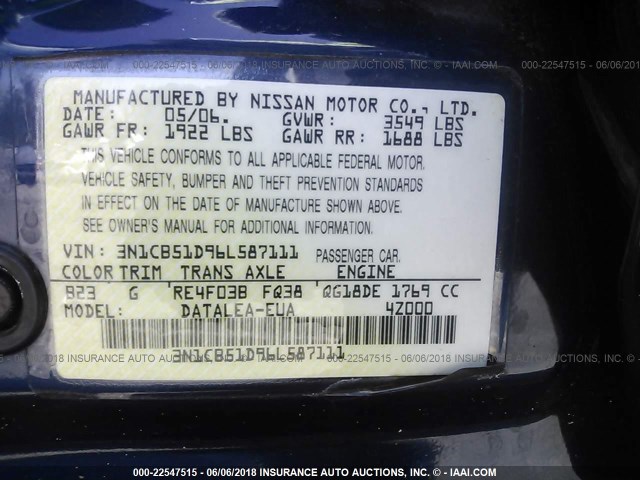 3N1CB51D96L587111 - 2006 NISSAN SENTRA 1.8/1.8S BLUE photo 9