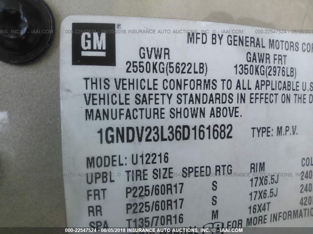 1GNDV23L36D161682 - 2006 CHEVROLET UPLANDER LS GOLD photo 9