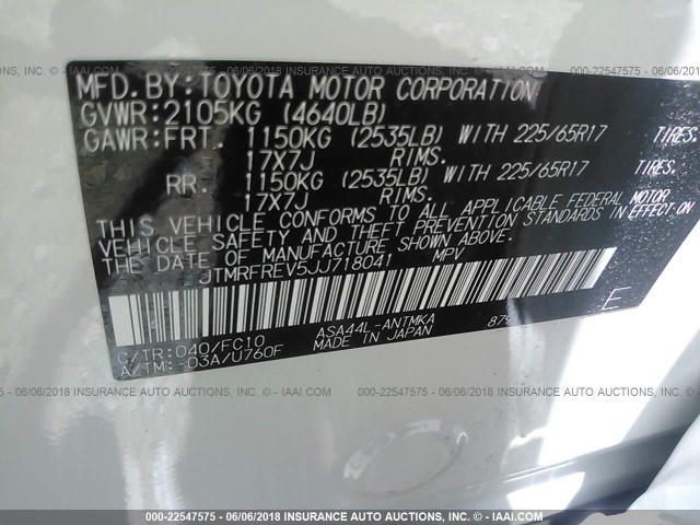 JTMRFREV5JJ718041 - 2018 TOYOTA RAV4 ADVENTURE/XLE 白色 照片 9