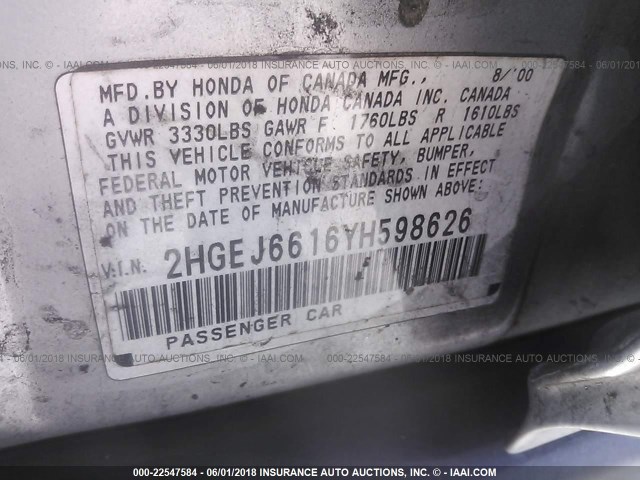 2HGEJ6616YH598626 - 2000 HONDA CIVIC SE SILVER photo 9