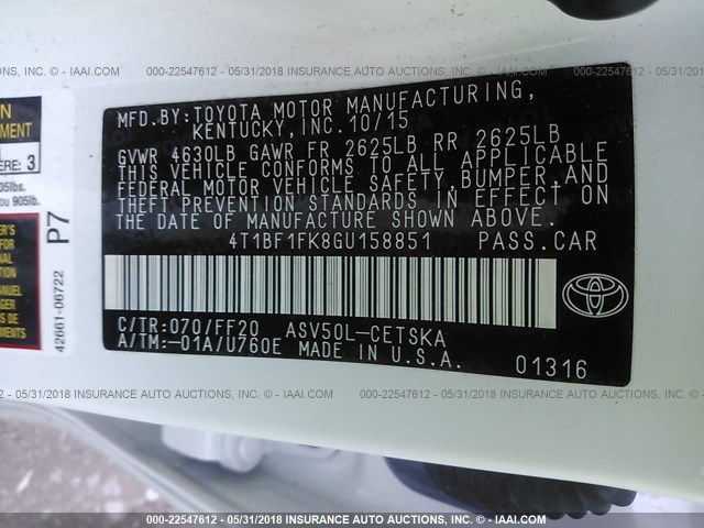 4T1BF1FK8GU158851 - 2016 TOYOTA CAMRY LE/XLE/SE/XSE WHITE photo 9