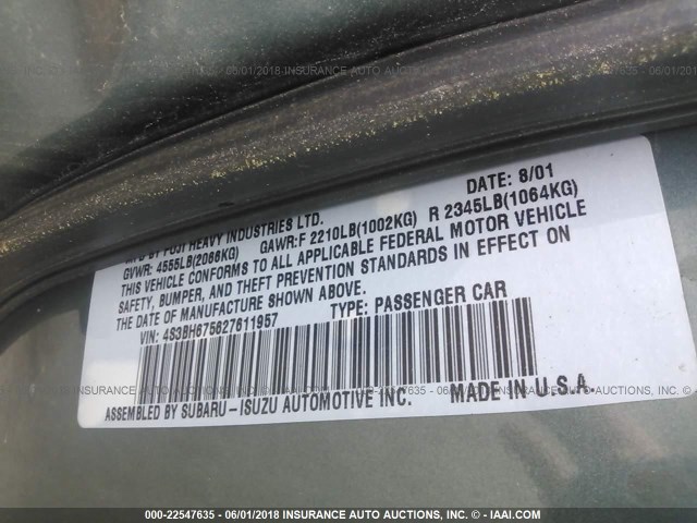 4S3BH675627611957 - 2002 SUBARU LEGACY OUTBACK AWP 绿色 照片 9