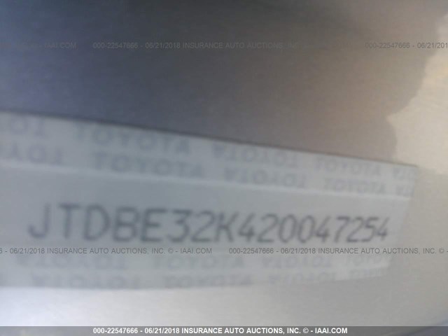 JTDBE32K420047254 - 2002 TOYOTA CAMRY LE/XLE/SE ვერცხლისფერი ფოტო 9