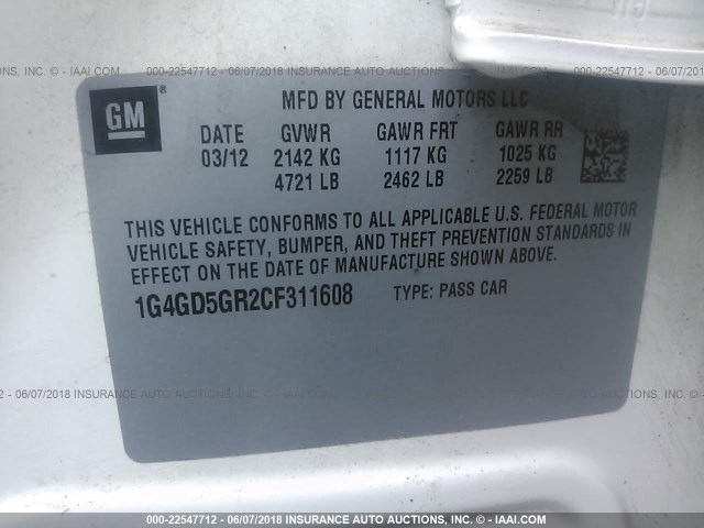 1G4GD5GR2CF311608 - 2012 BUICK LACROSSE PREMIUM WHITE photo 9