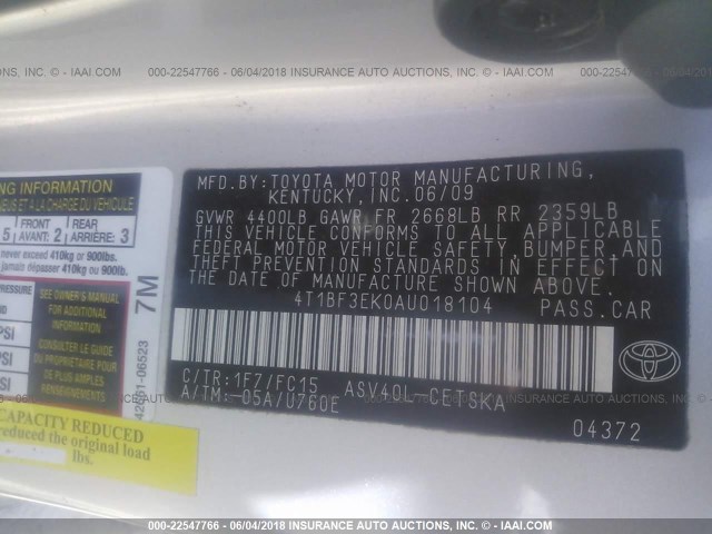 4T1BF3EK0AU018104 - 2010 TOYOTA CAMRY SE/LE/XLE 银色 照片 9