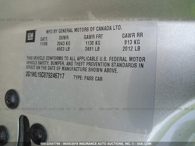 2G1WL15C879246717 - 2007 CHEVROLET MONTE CARLO SS ვერცხლისფერი ფოტო 9