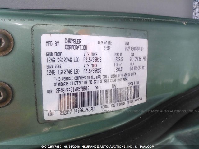 2P4GP44G1WR578613 - 1998 PLYMOUTH GRAND VOYAGER SE/EXPRESSO GREEN photo 9