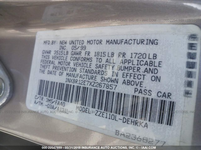 1NXBR12E7XZ267857 - 1999 TOYOTA COROLLA VE/CE/LE 米色 照片 9