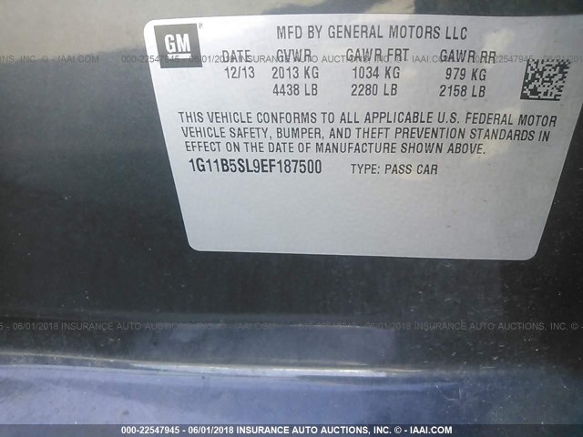 1G11B5SL9EF187500 - 2014 CHEVROLET MALIBU LS BLUE photo 9