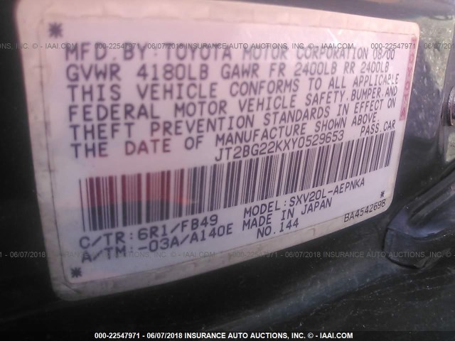 JT2BG22KXY0529653 - 2000 TOYOTA CAMRY CE/LE/XLE 绿色 照片 9