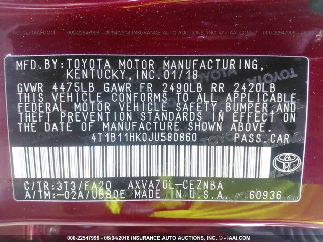 4T1B11HK0JU580860 - 2018 TOYOTA CAMRY L/LE/XLE/SE/XSE RED photo 9