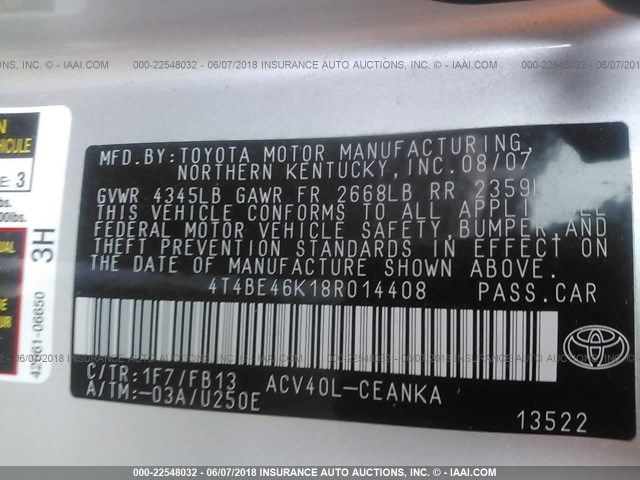 4T4BE46K18R014408 - 2008 TOYOTA CAMRY CE/LE/XLE/SE SILVER photo 9