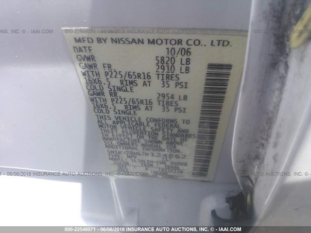 5N1BV28U67N124862 - 2007 NISSAN QUEST S/SE/SL WHITE photo 9