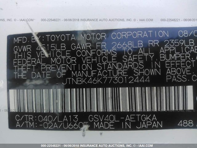 JTNBK46K773012444 - 2007 TOYOTA CAMRY NEW GENERAT LE/XLE/SE WHITE photo 9