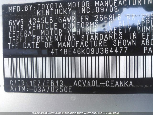 4T1BE46K09U364477 - 2009 TOYOTA CAMRY SE/LE/XLE 银色 照片 9