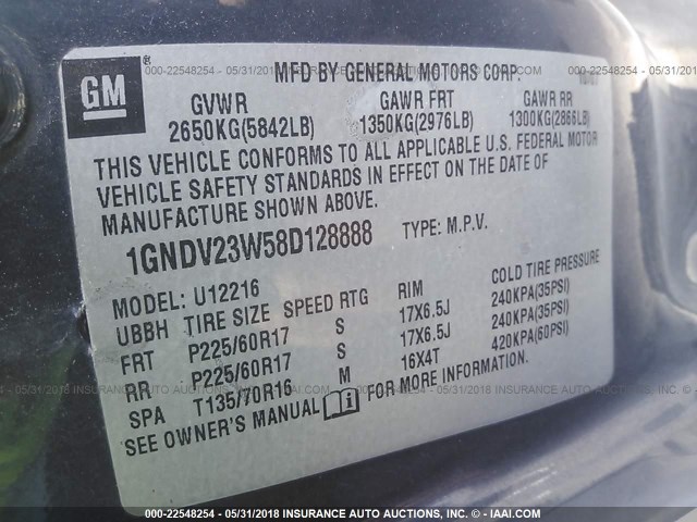 1GNDV23W58D128888 - 2008 CHEVROLET UPLANDER LS BLUE photo 9