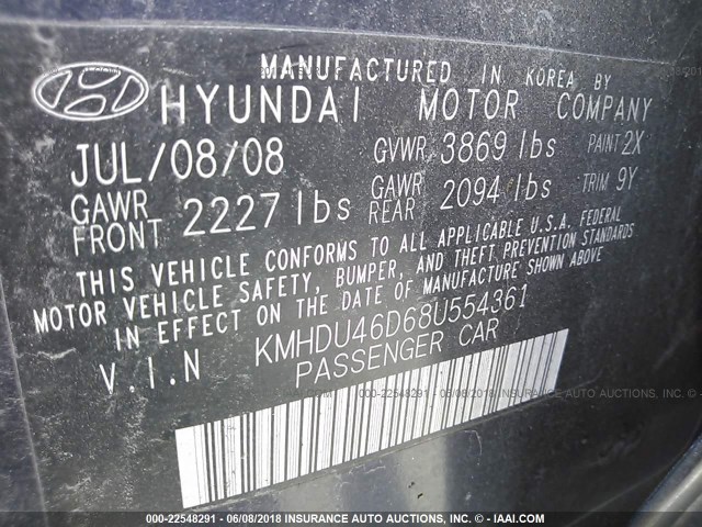 KMHDU46D68U554361 - 2008 HYUNDAI ELANTRA GLS/SE/LIMITED BLUE photo 9