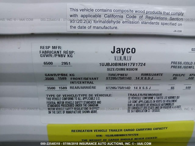 1UJBJ0BN8H17V1724 - 2017 JAYCO OTHER  CREAM photo 9