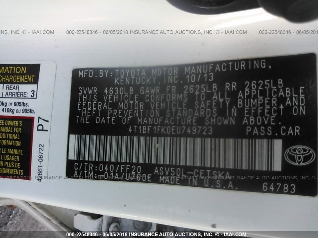 4T1BF1FK0EU749723 - 2014 TOYOTA CAMRY L/SE/LE/XLE 白色 照片 9