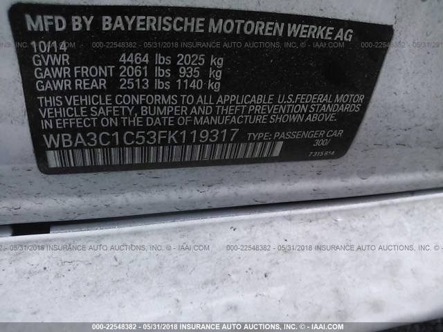 WBA3C1C53FK119317 - 2015 BMW 328 I SULEV WHITE photo 9