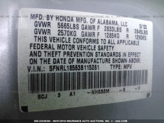 5FNRL18563B115261 - 2003 HONDA ODYSSEY LX GRAY photo 9