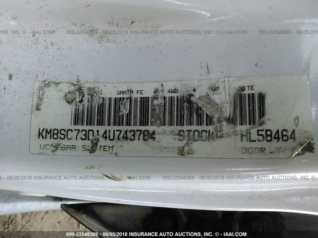 KM8SC73D14U743784 - 2004 HYUNDAI SANTA FE GLS/LX WHITE photo 9