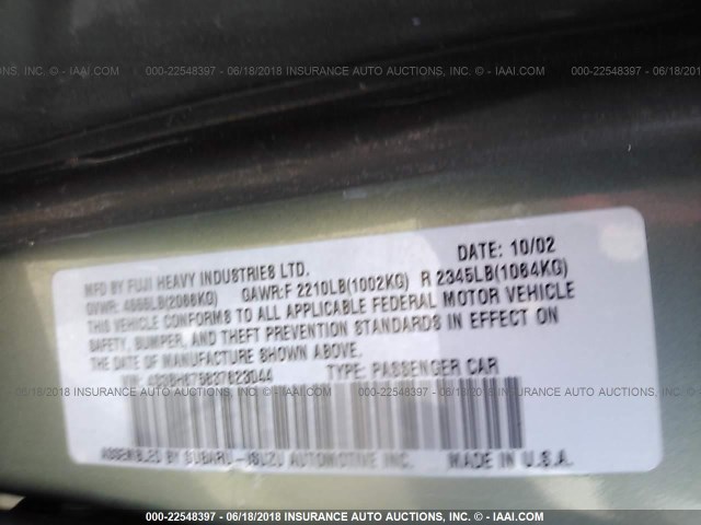 4S3BH675837623044 - 2003 SUBARU LEGACY OUTBACK AWP 绿色 照片 9