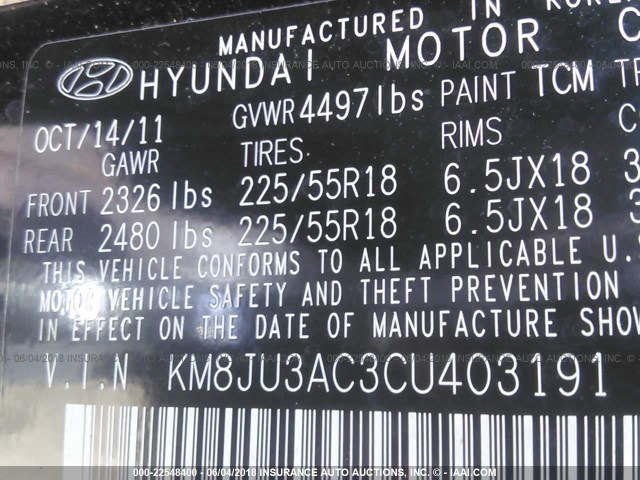 KM8JU3AC3CU403191 - 2012 HYUNDAI TUCSON GLS/LIMITED BLACK photo 9