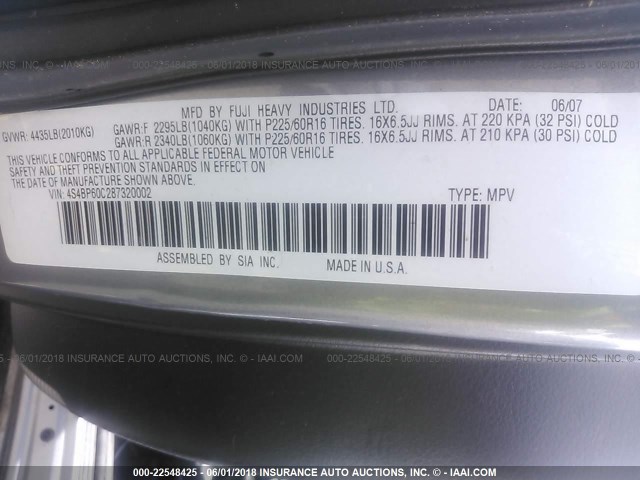 4S4BP60C287320002 - 2008 SUBARU OUTBACK GRAY photo 9