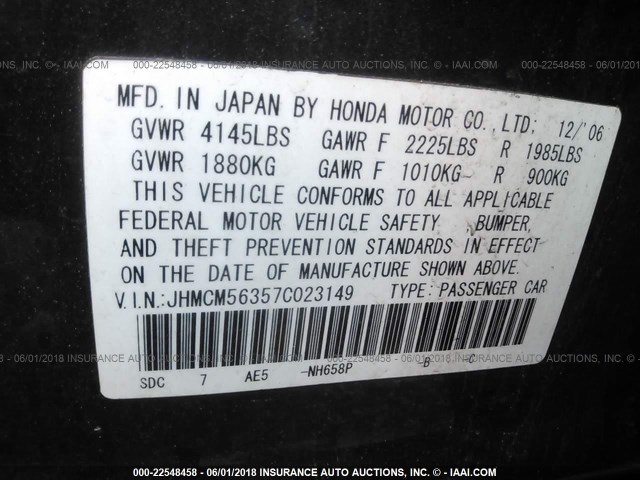 JHMCM56357C023149 - 2007 HONDA ACCORD SE GRAY photo 9