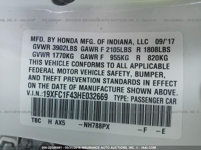 19XFC1F43HE032669 - 2017 HONDA CIVIC EX თეთრი ფოტო 9